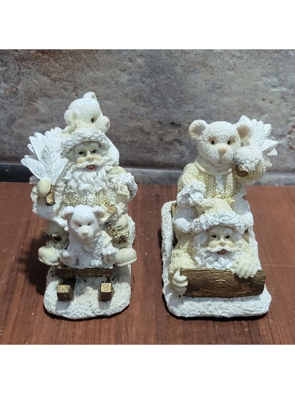 Vintage Off White Resin Christmas Figurine Lot 2 Santa Claus Teddy Bear Sled Gol